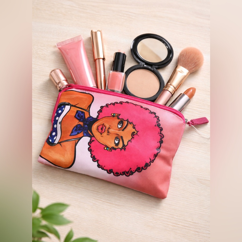 Remi Rose Pink Afro Girl Makeup Cosmetic Zipper Pouch Bag New